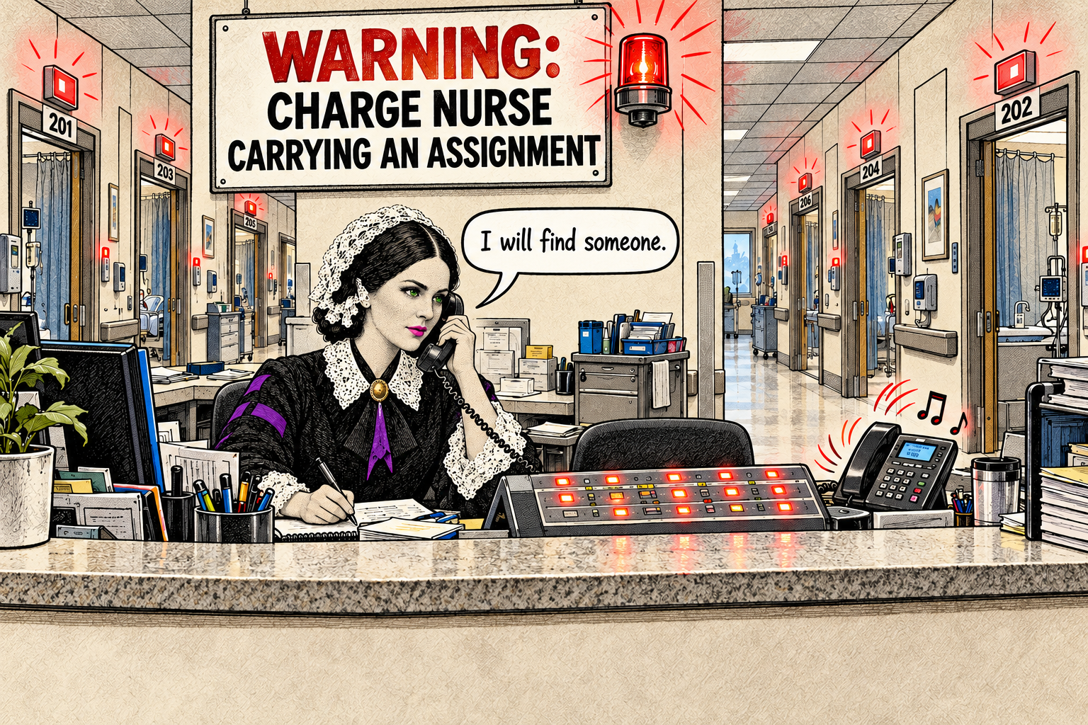 Florence Nightingale calmly answers a call-light handset while patient-room lights flash beneath a sign reading ‘Warning: Charge nurse carrying an assignment.’ She says, ‘I will find someone.’