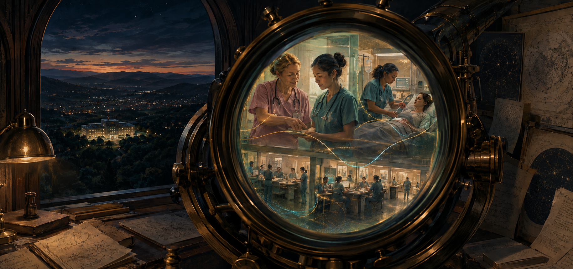 Inside an observatory, a telescope reveals a nurse in rose-pink scrubs mentoring a student inside a distant California hospital