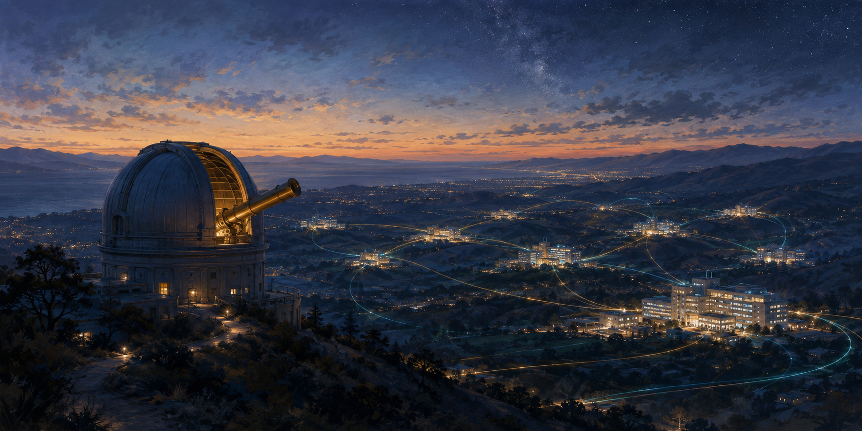 A hilltop observatory directs its telescope toward California hospitals connected by luminous threads of nursing knowledge and care